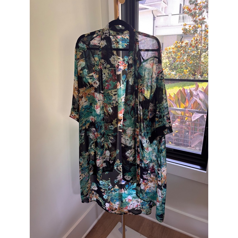 Cameo & Myth Women Black Floral Chiffon Kimono Open Front Duster Cardigan Medium